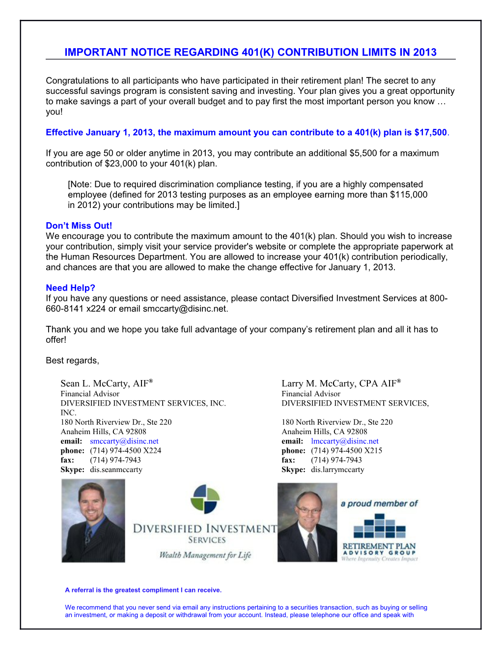 Important Notice Regarding 401(K) Contribution Limits in 2013