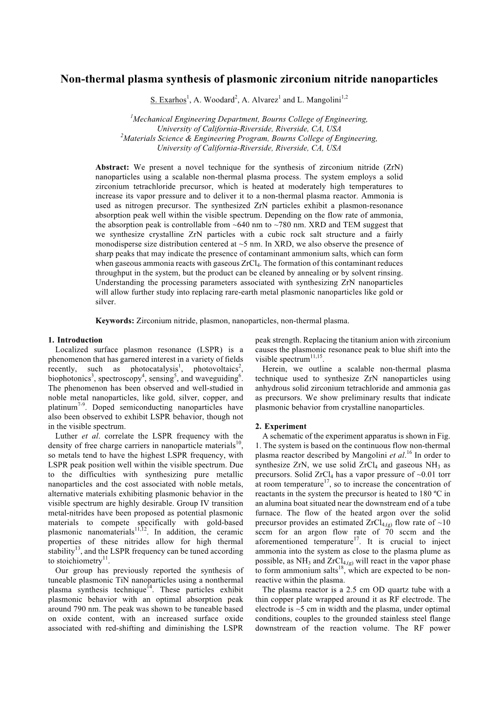 Non-Thermal Plasma Synthesis of Plasmonic Zirconium Nitride Nanoparticles