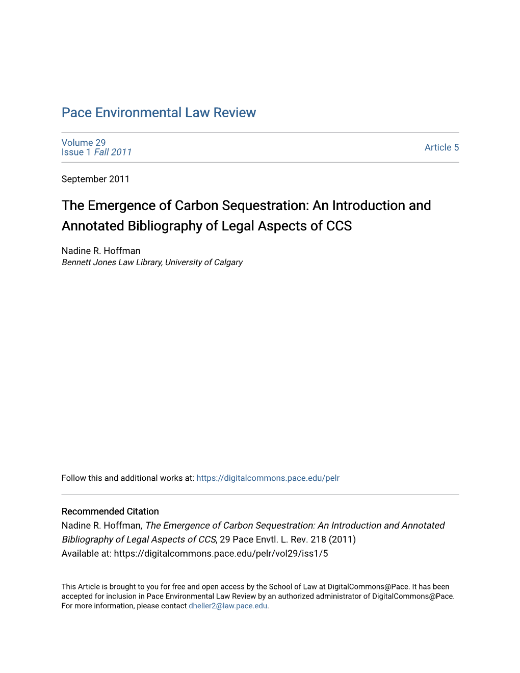 The Emergence of Carbon Sequestration: an Introduction and Annotated Bibliography of Legal Aspects of CCS