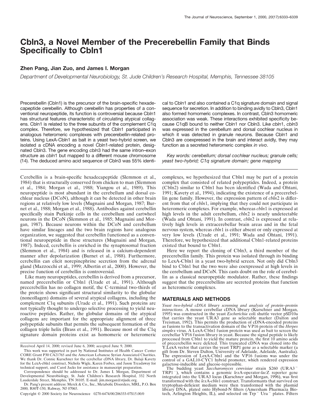 Cbln3, a Novel Member of the Precerebellin Family That Binds Specifically to Cbln1