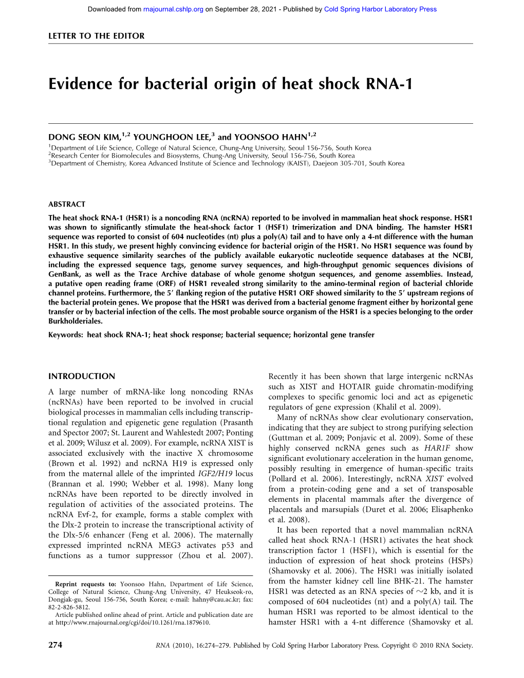 Evidence for Bacterial Origin of Heat Shock RNA-1