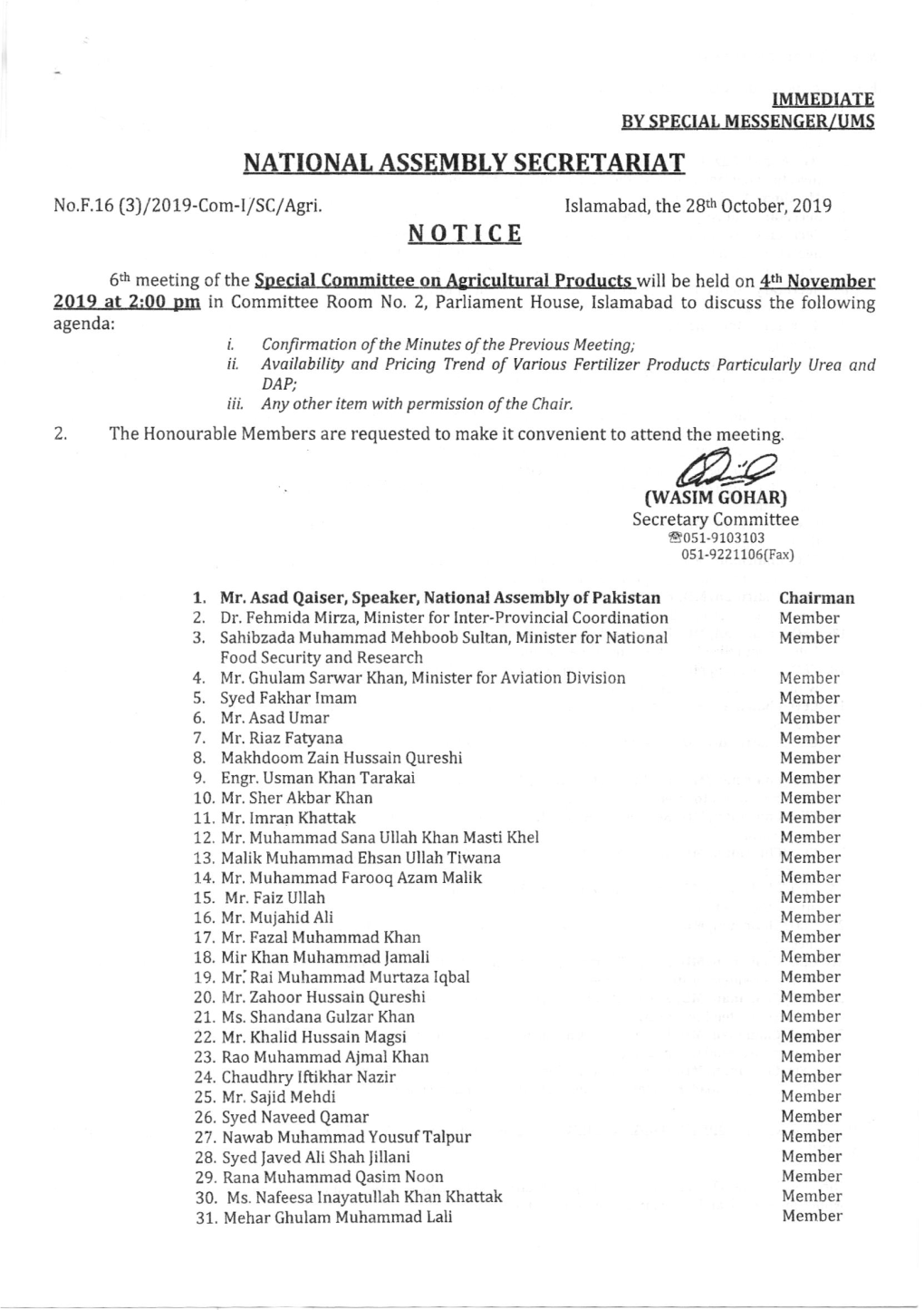 No.F.16 (3Jl2019-Com-L/SC/Agri, Islamabad, the 28Th 0Ctober, 2019 NOTIEE