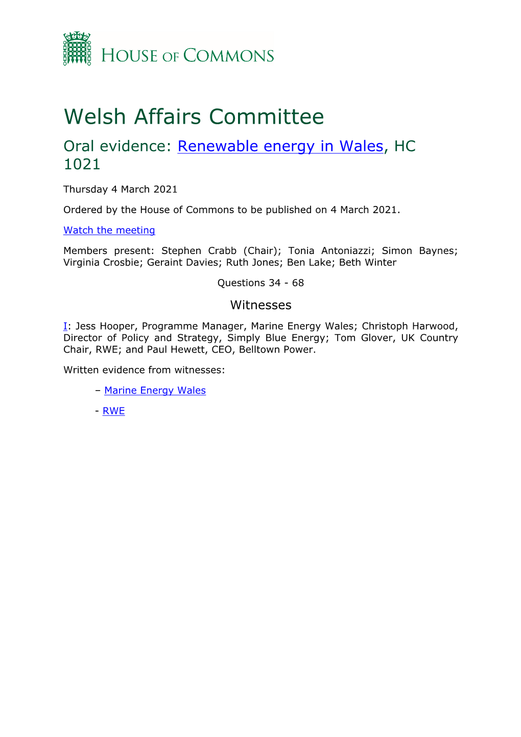 Welsh Affairs Committee Oral Evidence: Renewable Energy in Wales, HC 1021