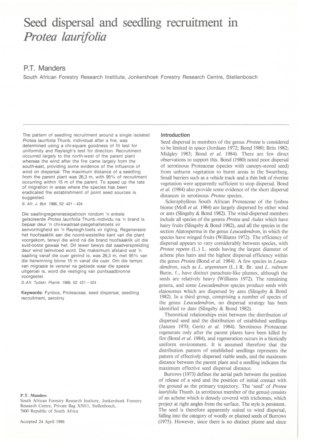 Seed Dispersal and Seedling Recruitment in Protea Laurifolia