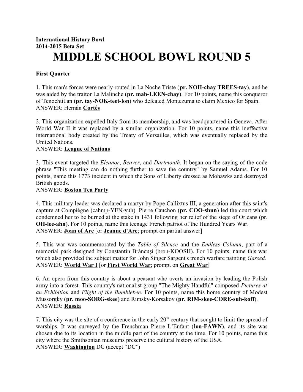 Middle School Bowl Round 5