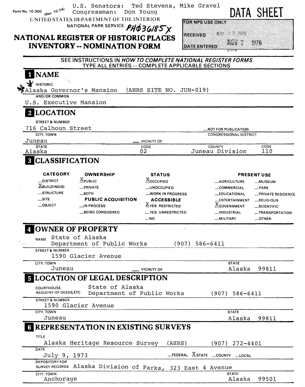 Data Sheet National Park Serv.Ce National Register of Historic Places Inventory -- Nomination Form