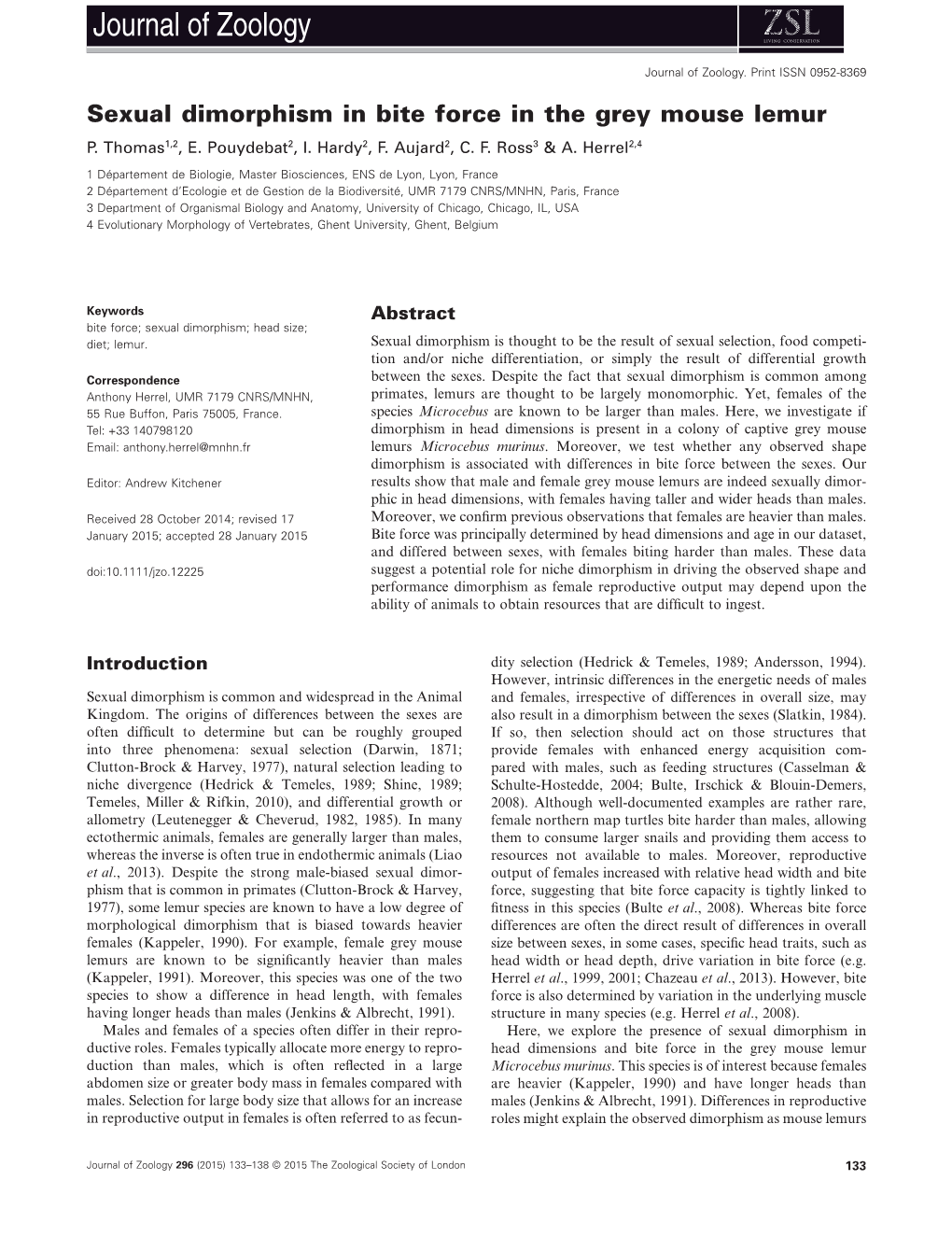 Sexual Dimorphism in Bite Force in the Grey Mouse Lemur P