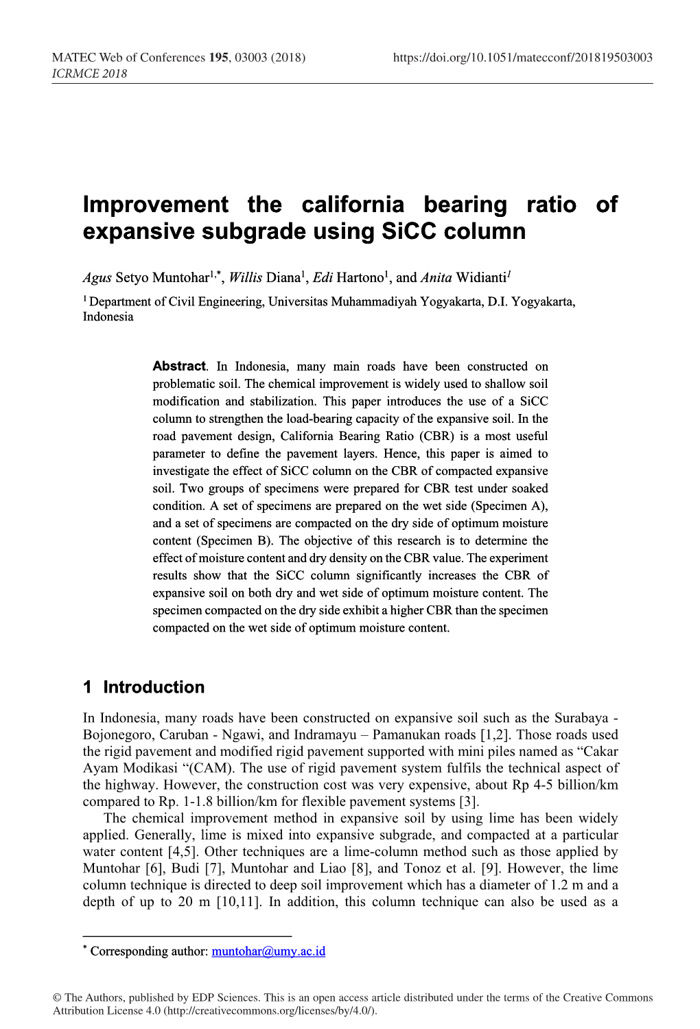 Improvement the California Bearing Ratio of Expansive Subgrade Using Sicc Column