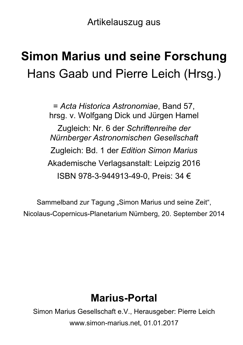 Simon Marius Und Seine Forschung Hans Gaab Und Pierre Leich (Hrsg.)