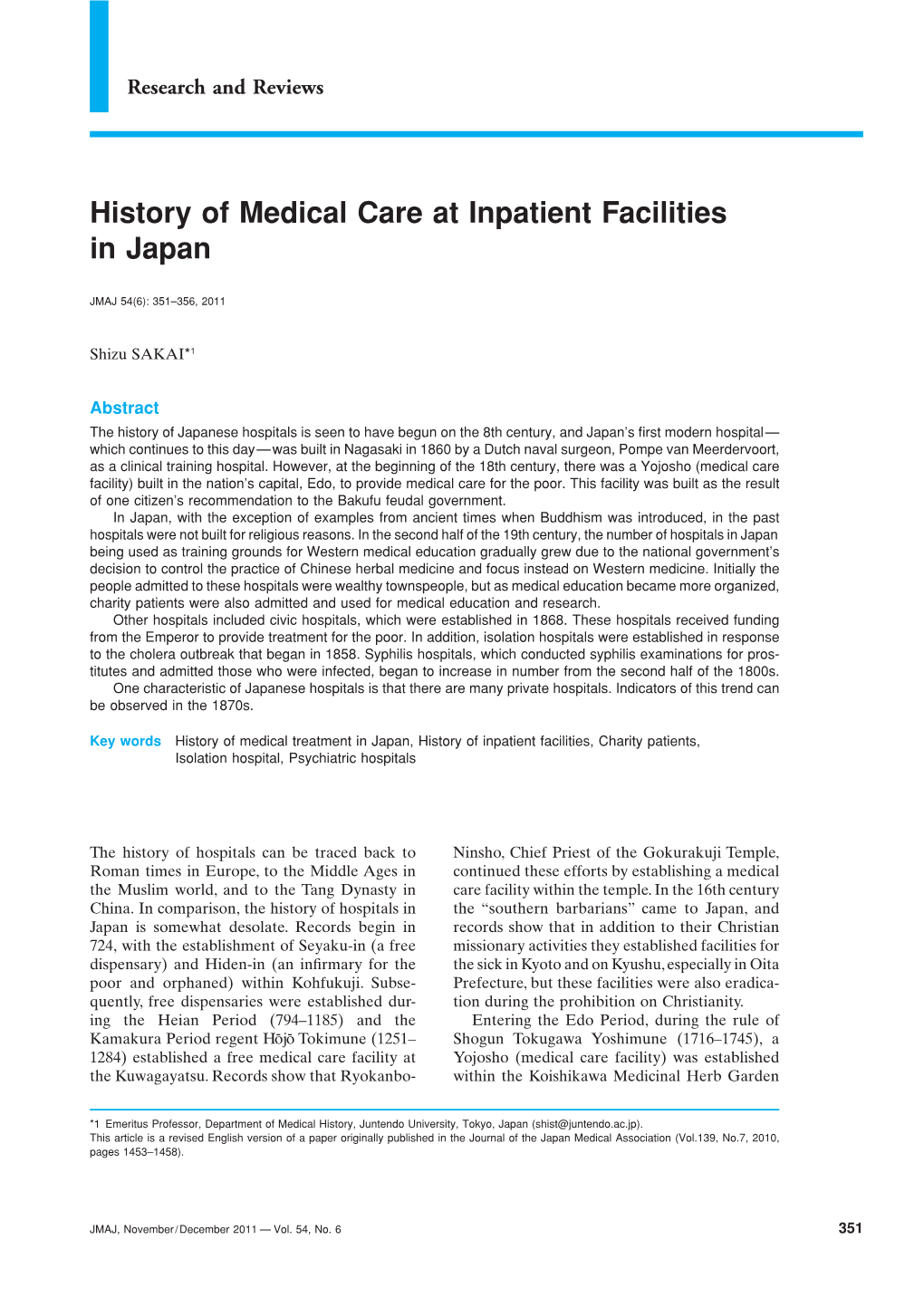 History of Medical Care at Inpatient Facilities in Japan