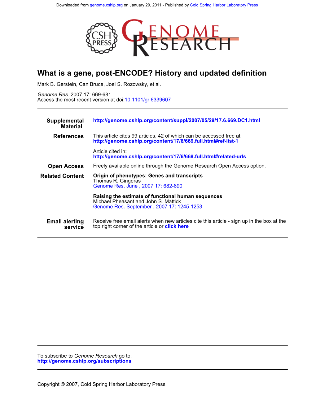 What Is a Gene, Post-ENCODE? History and Updated Definition