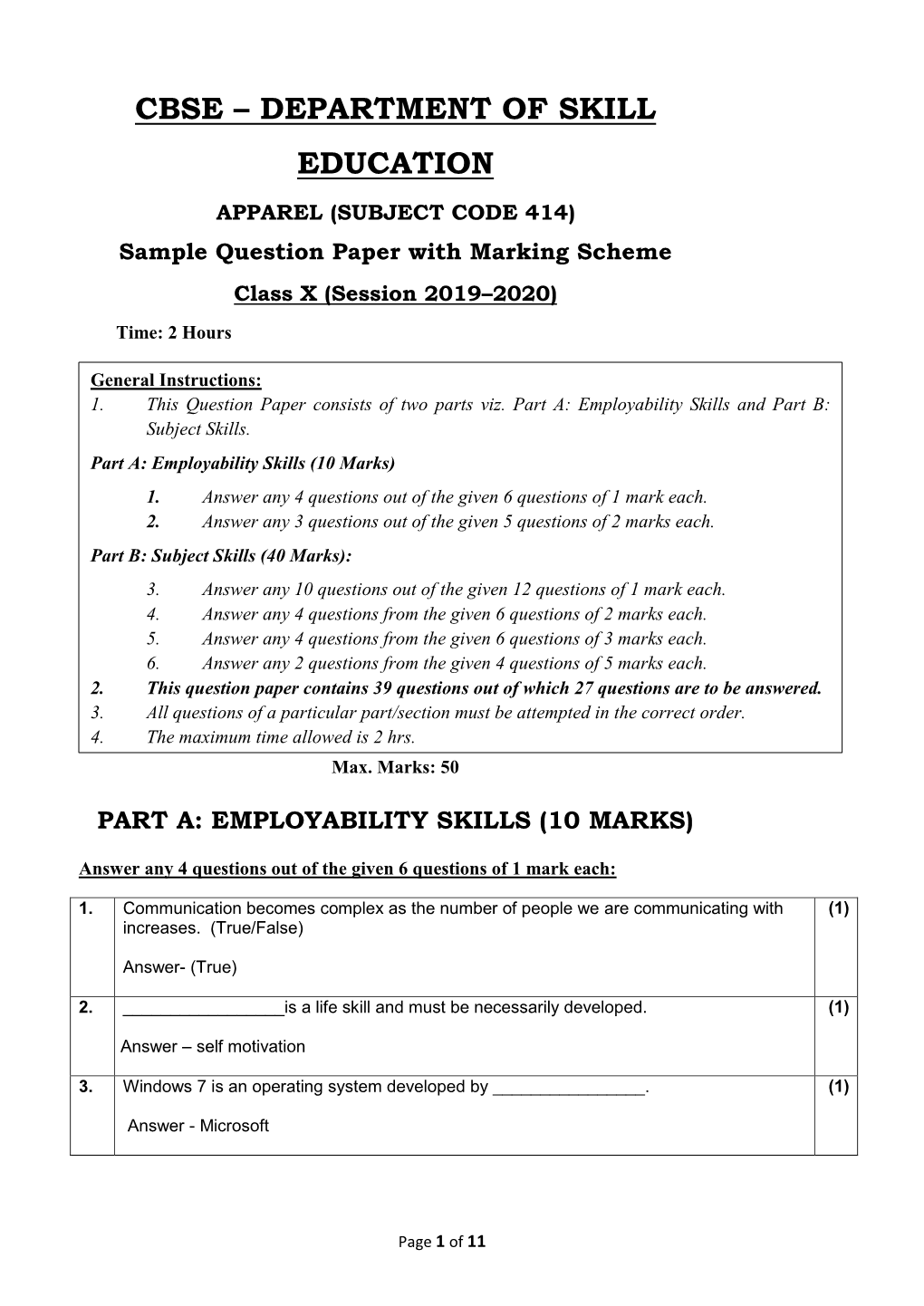 Marking Scheme Class X (Session 2019–2020) Time: 2 Hours