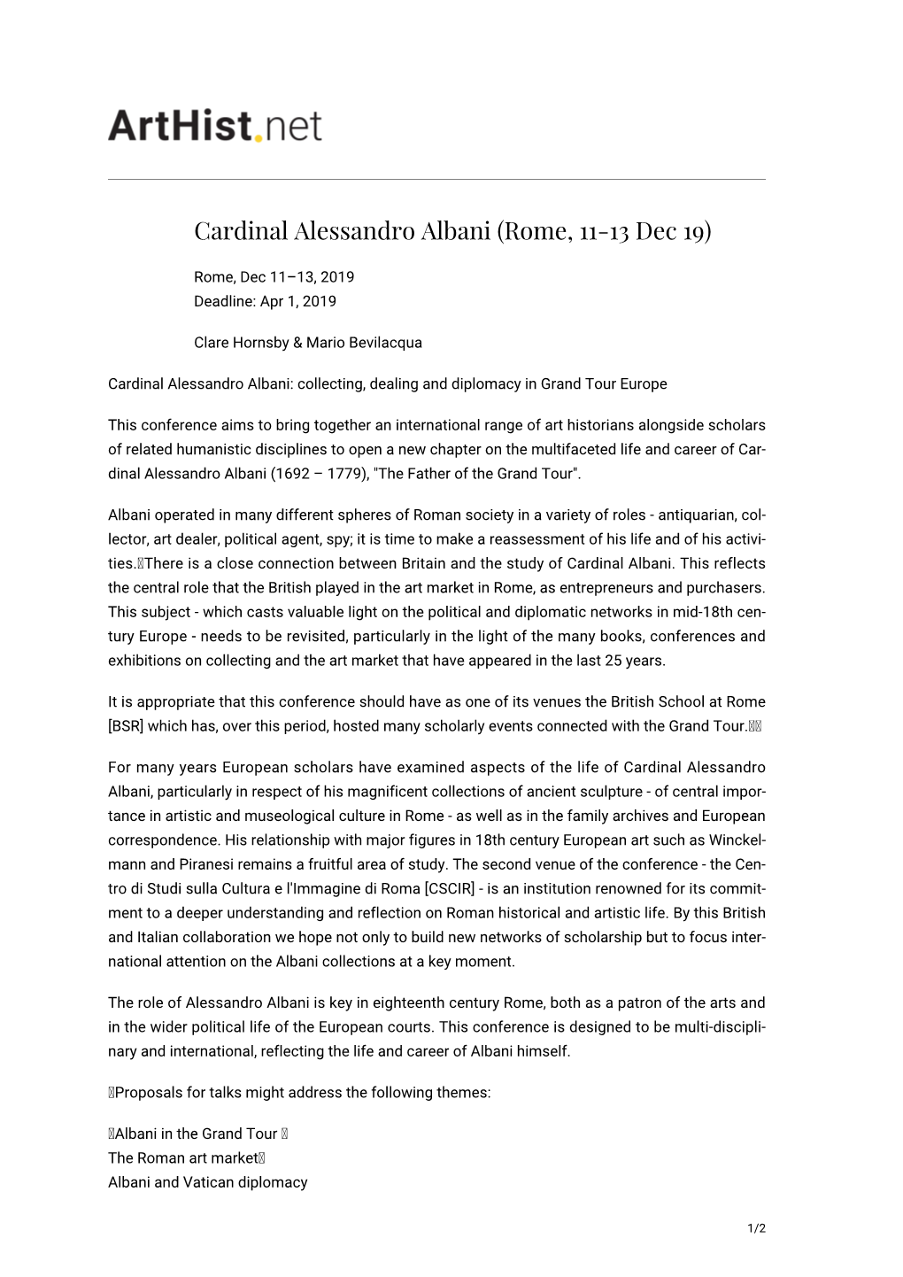 Cardinal Alessandro Albani (Rome, 11-13 Dec 19)