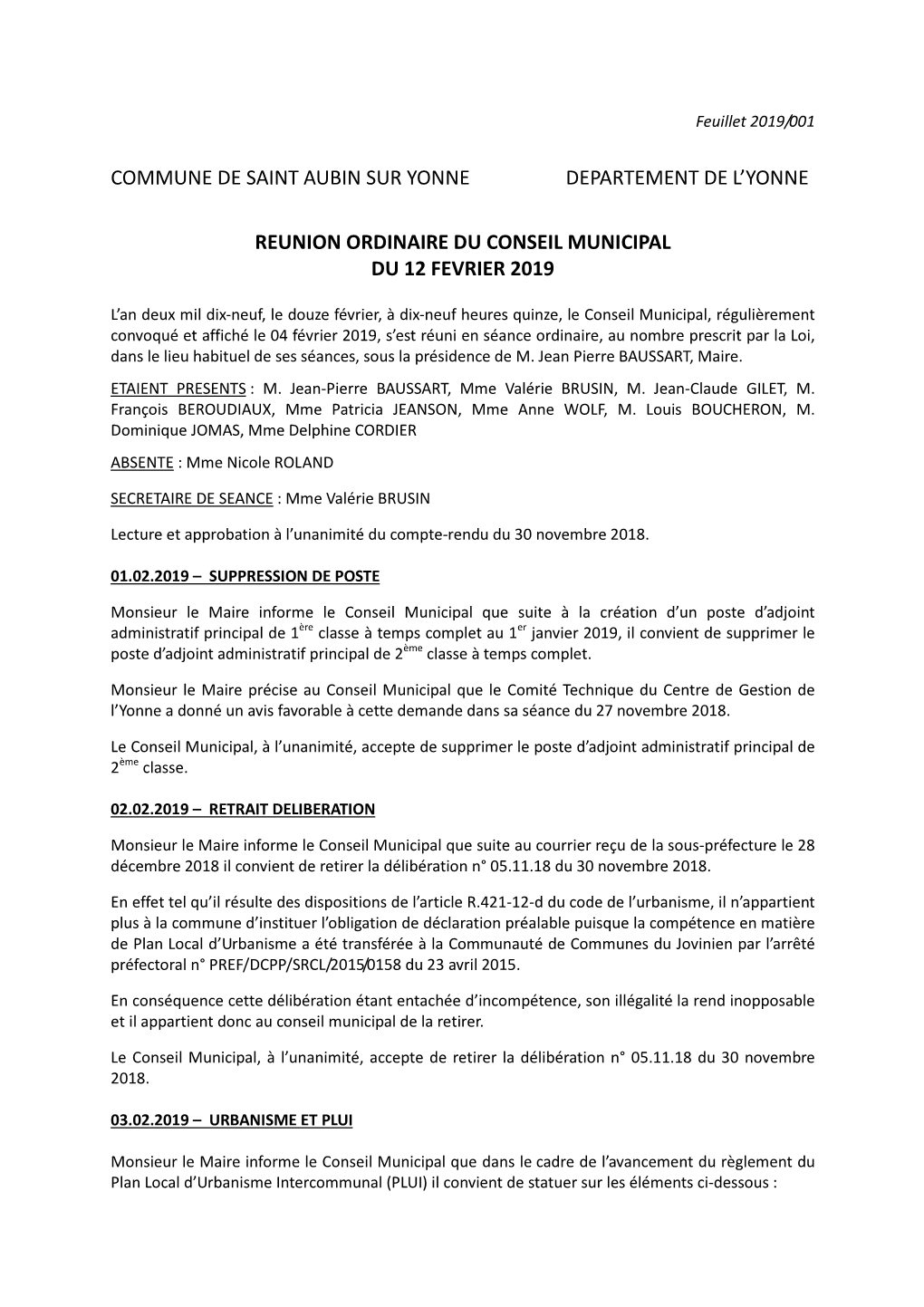 Compte Rendu Conseil Municipal Du 12.02.2019