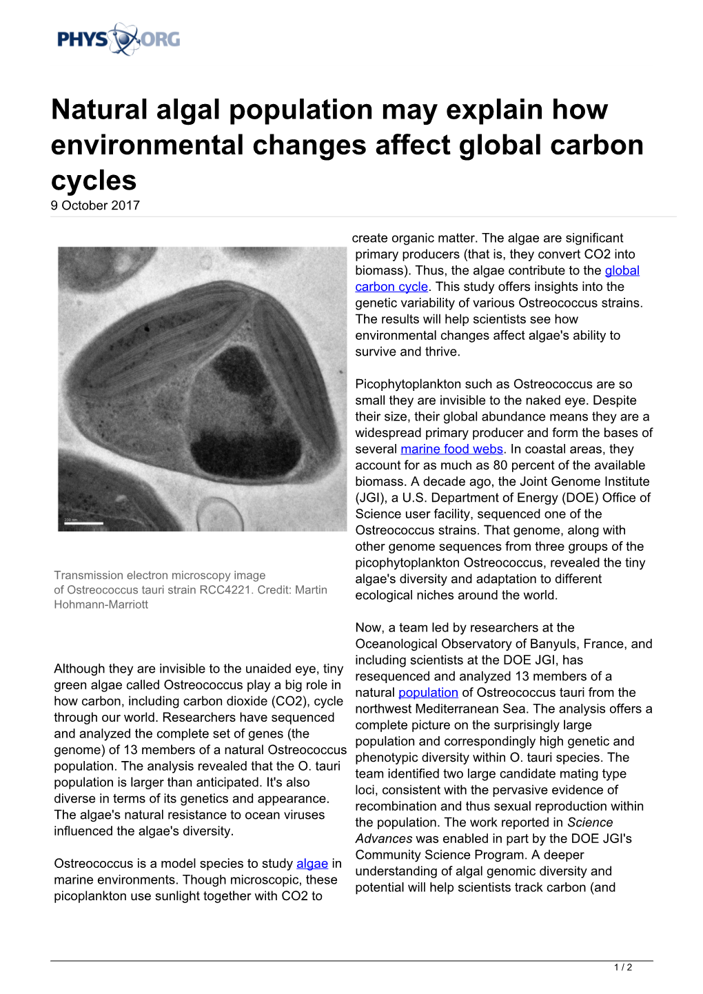 Natural Algal Population May Explain How Environmental Changes Affect Global Carbon Cycles 9 October 2017