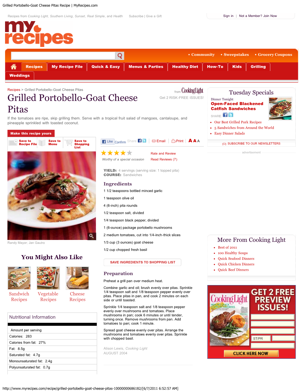 Grilled Portobello-Goat Cheese Pitas Recipe | Myrecipes.Com