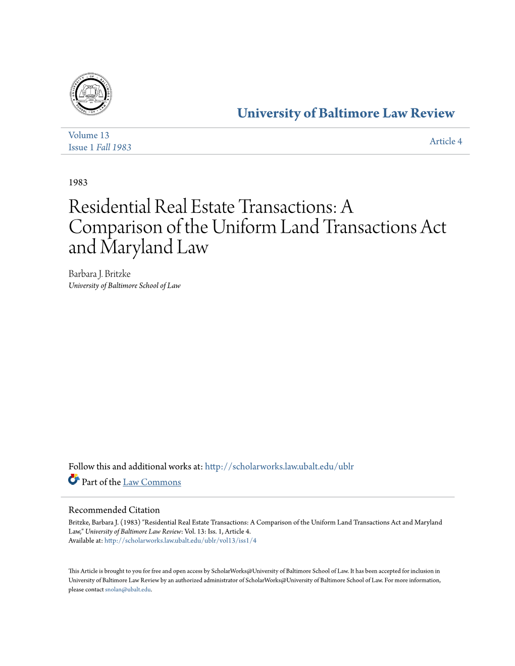 A Comparison of the Uniform Land Transactions Act and Maryland Law Barbara J