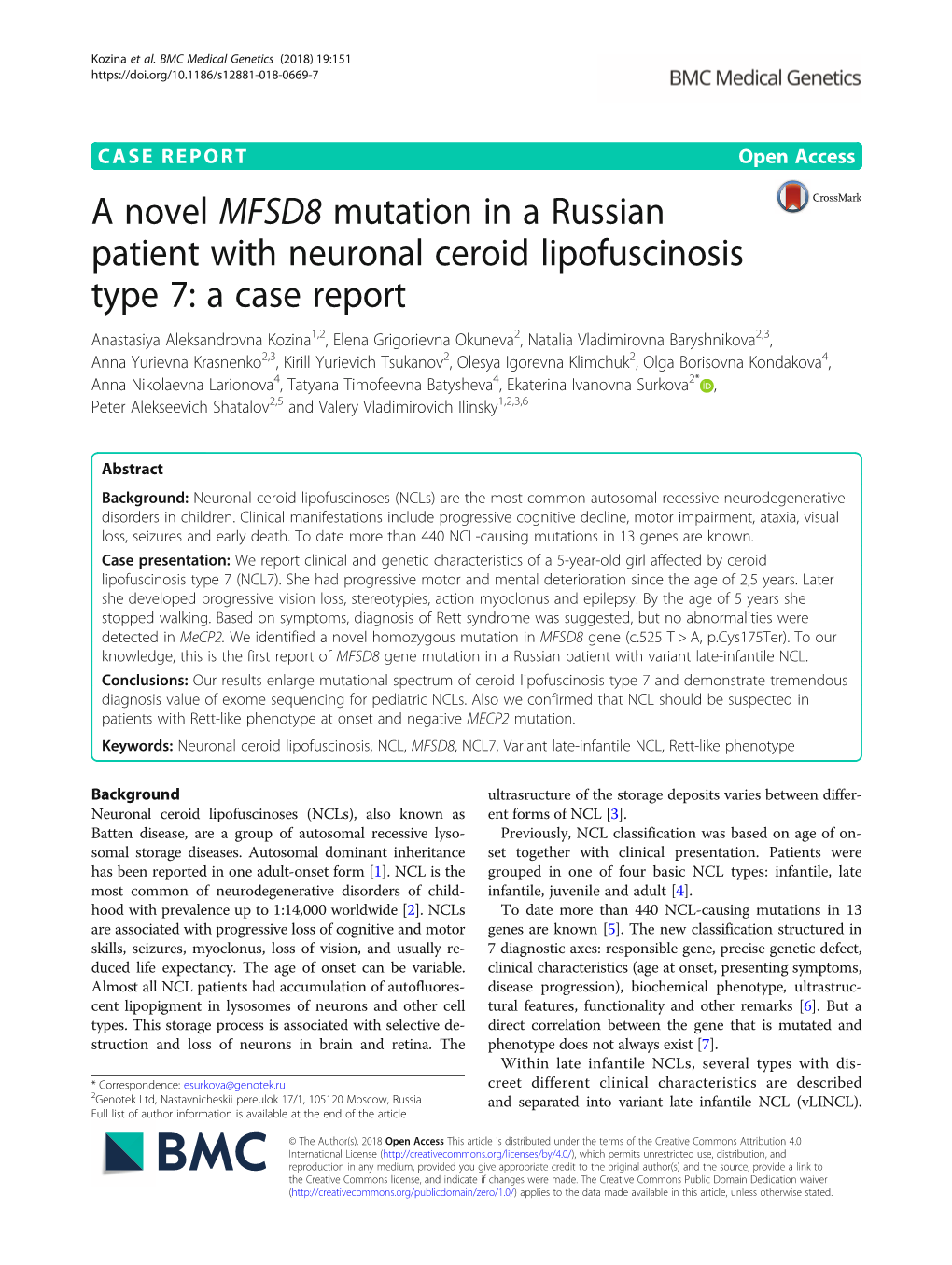A Novel MFSD8 Mutation in a Russian Patient with Neuronal Ceroid