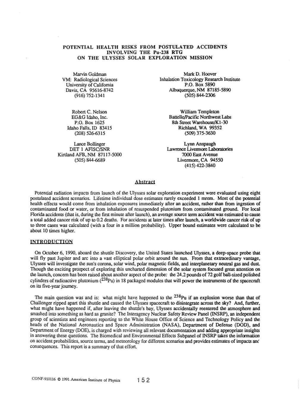 POTENTIAL HEALTH RISKS from POSTULATED ACCIDENTS INVOLVING the Pu-238 RTG on the ULYSSES SOLAR EXPLORATION MISSION