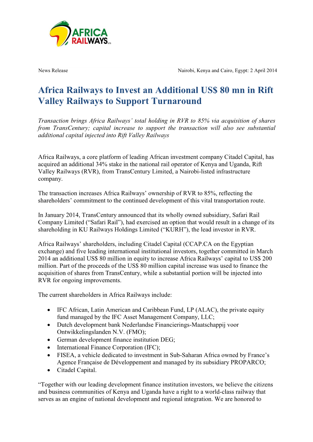 Africa Railways to Invest an Additional US$ 80 Mn in Rift Valley Railways to Support Turnaround