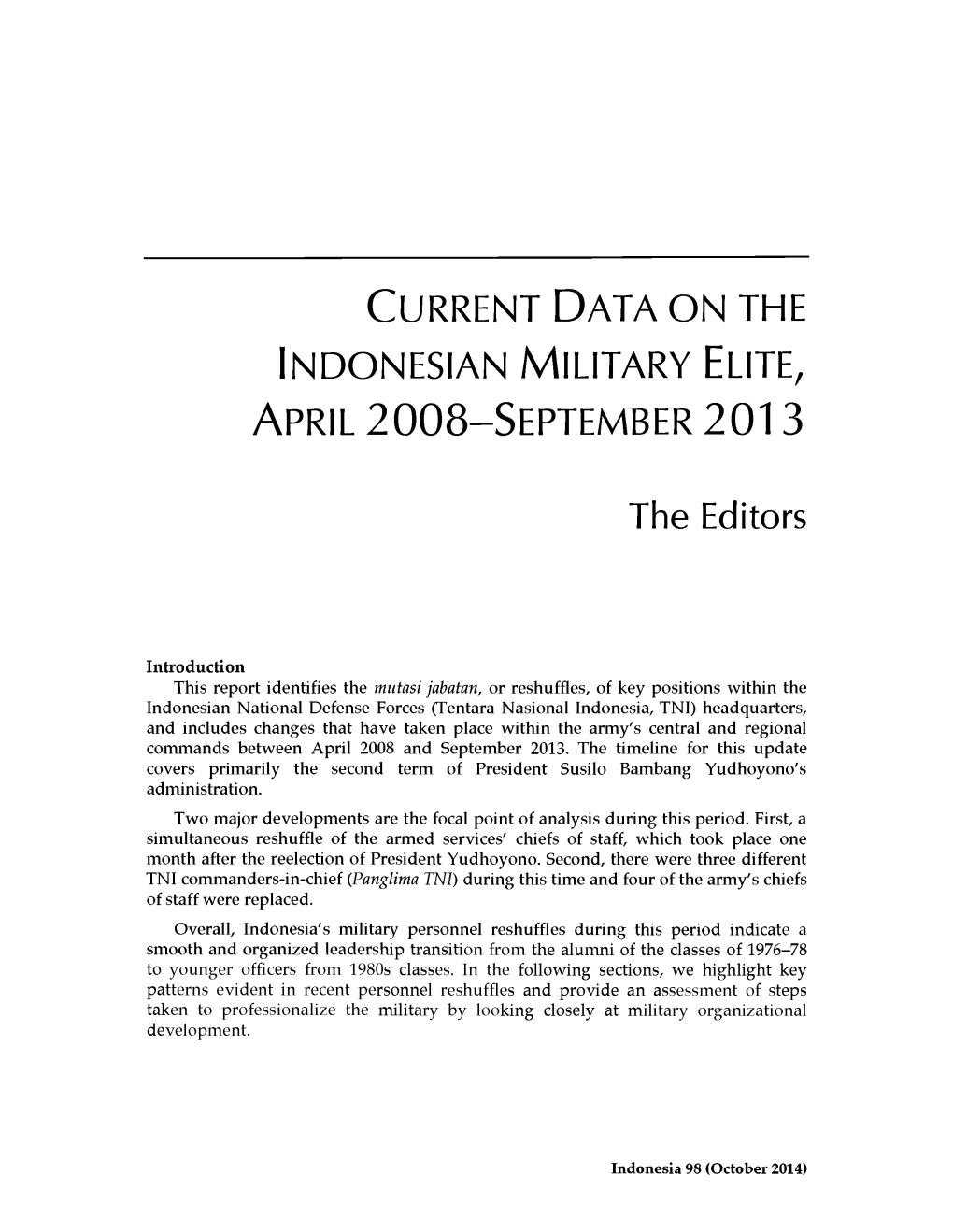 Current Data on the Indonesian Military Elite, April 2008-September