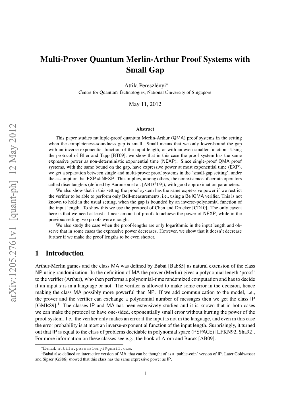 Multi-Prover Quantum Merlin-Arthur Proof Systems with Small Gap