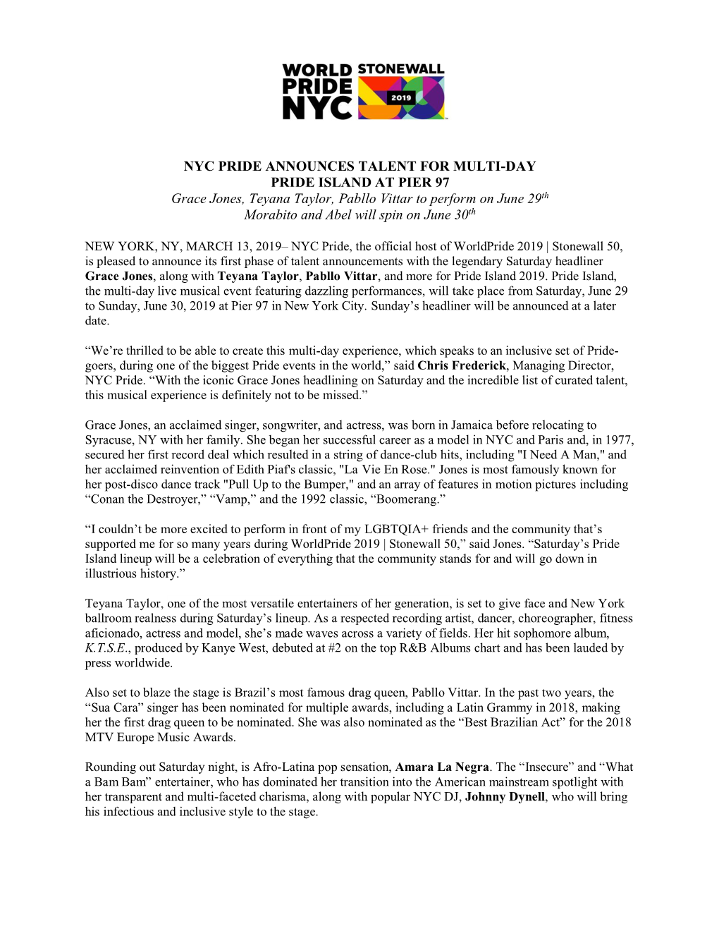 Nyc Pride Announces Talent for Multi-Day Pride Island