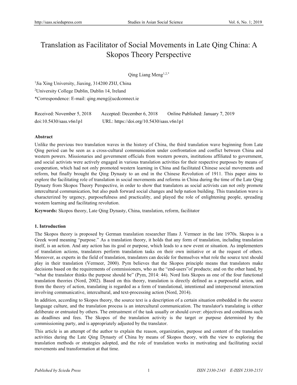 Translation As Facilitator of Social Movements in Late Qing China: a Skopos Theory Perspective