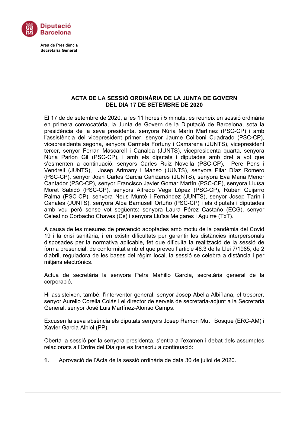 Acta De La Sessió Ordinària De La Junta De Govern Del Dia 17 De Setembre De 2020
