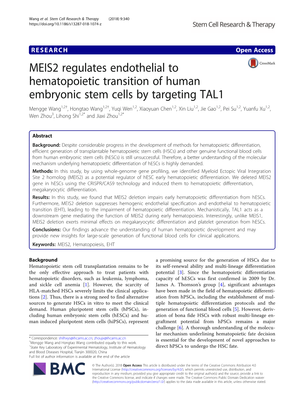 MEIS2 Regulates Endothelial to Hematopoietic Transition of Human