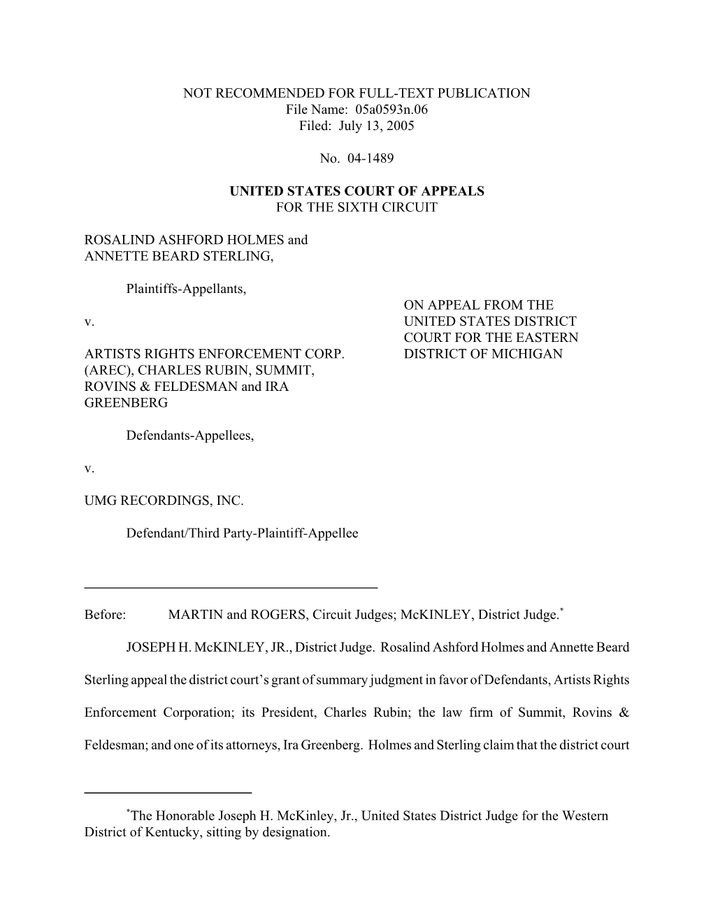 The Honorable Joseph H. Mckinley, Jr., United States District Judge for the Western District of Kentucky, Sitting by Designation