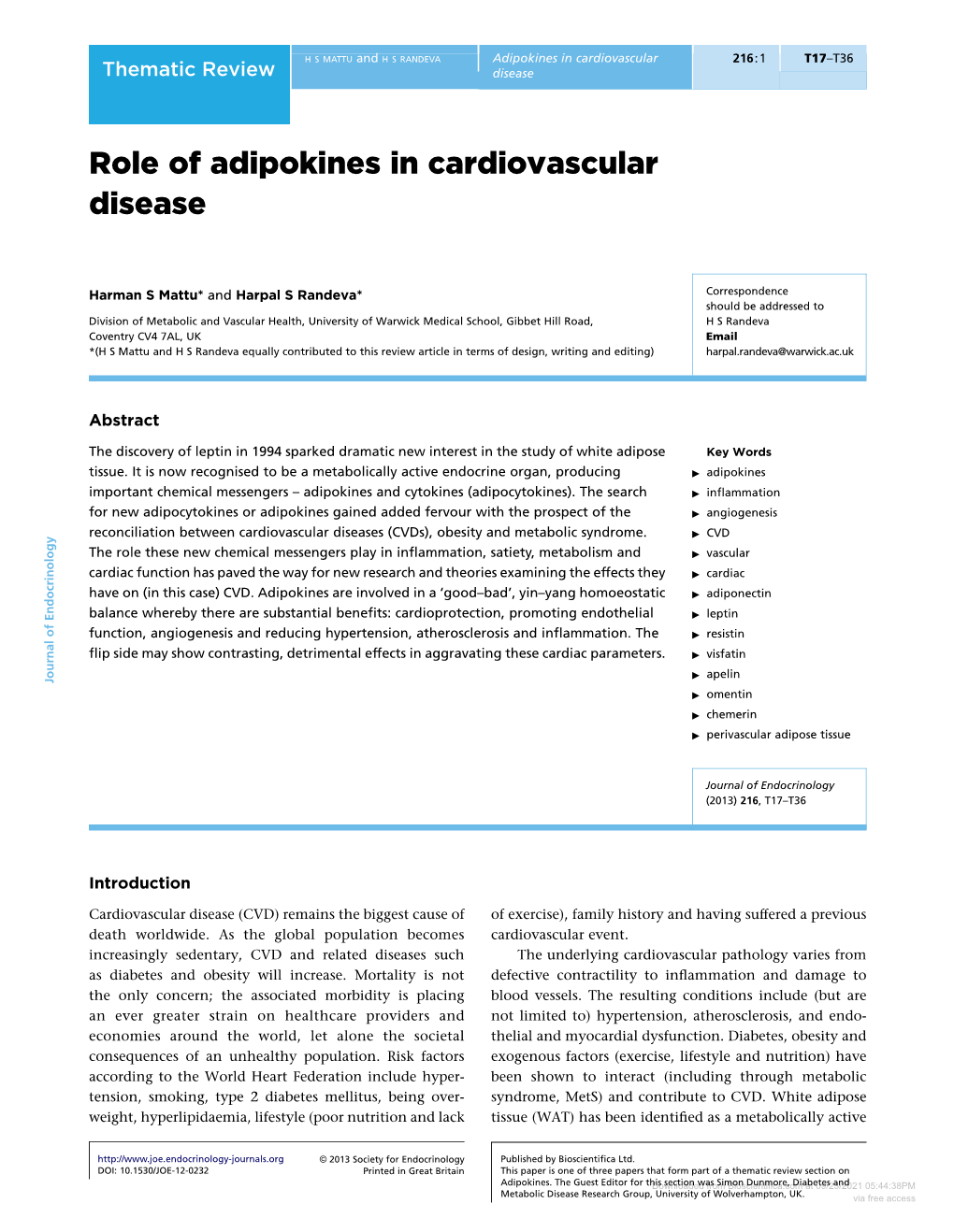 Role of Adipokines in Cardiovascular Disease