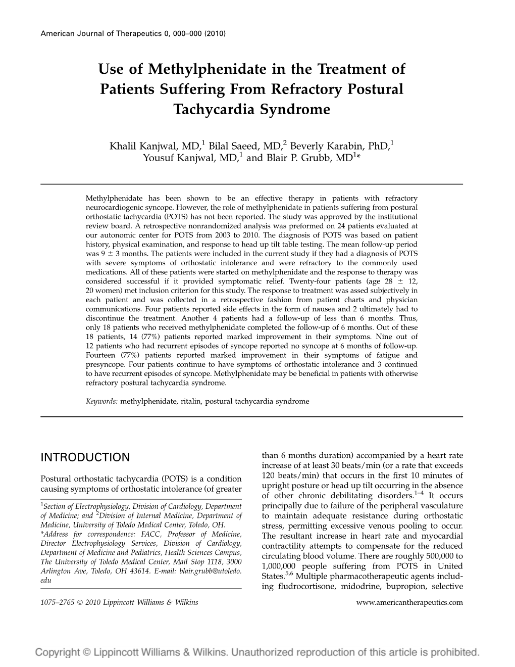 Use of Methylphenidate in the Treatment of Patients Suffering from Refractory Postural Tachycardia Syndrome