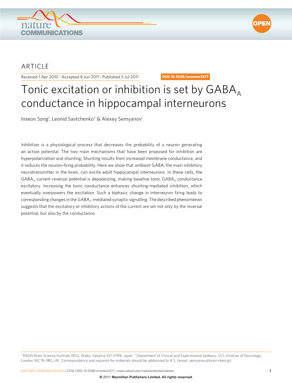 Tonic Excitation Or Inhibition Is Set by GABAA Conductance in Hippocampal Interneurons