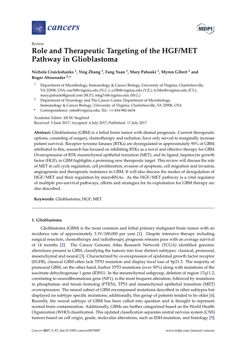 Role and Therapeutic Targeting of the HGF/MET Pathway in Glioblastoma