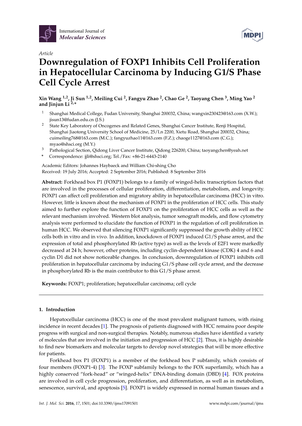 Downregulation of FOXP1 Inhibits Cell Proliferation in Hepatocellular Carcinoma by Inducing G1/S Phase Cell Cycle Arrest