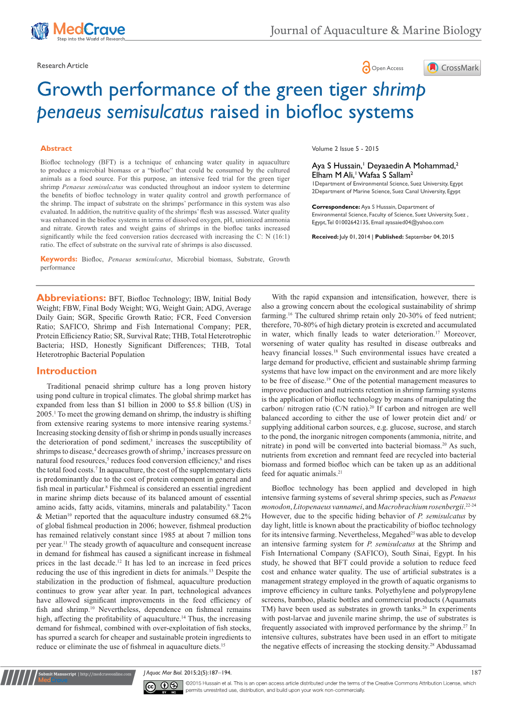 Growth Performance of the Green Tiger Shrimp Penaeus Semisulcatus Raised in Biofloc Systems