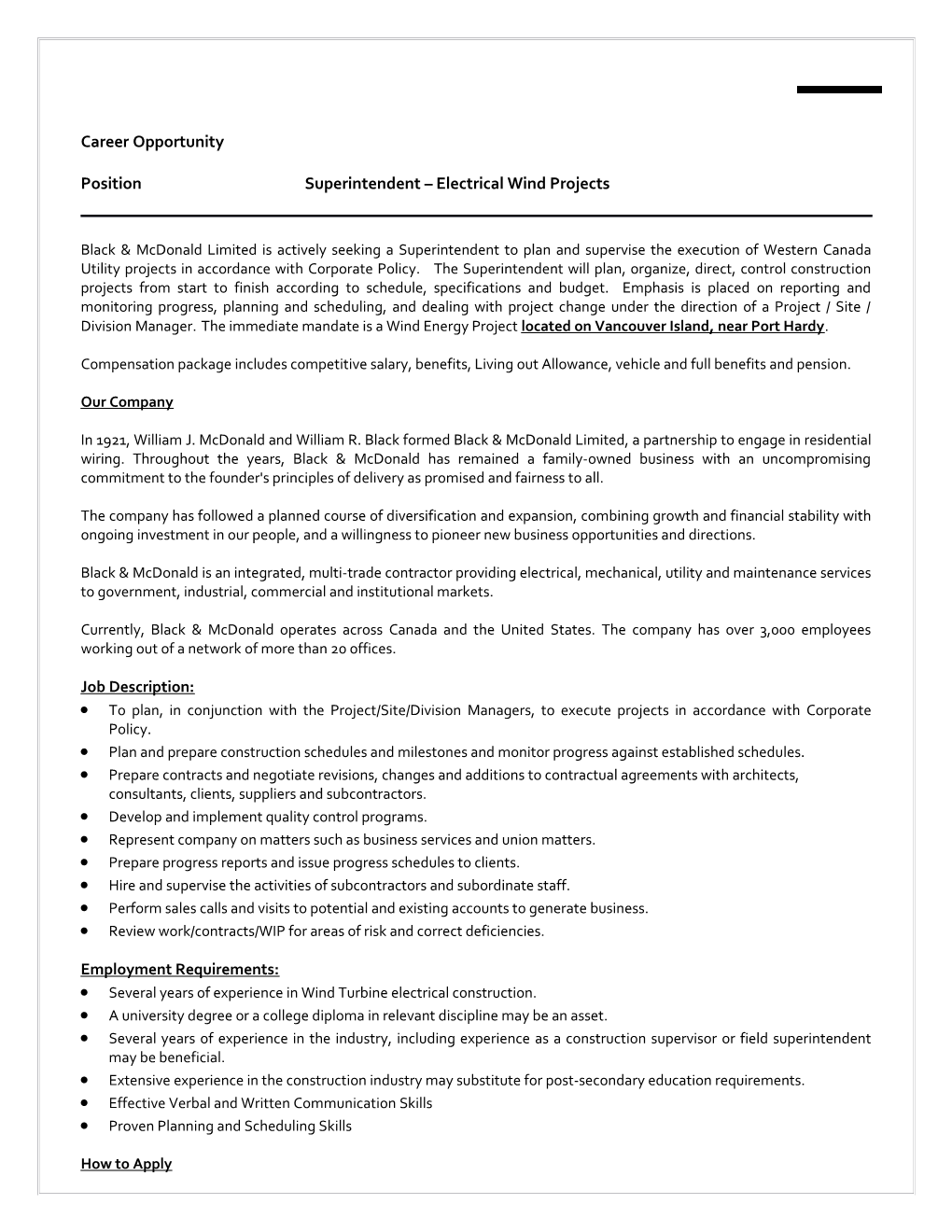 Position Superintendent Electrical Wind Projects