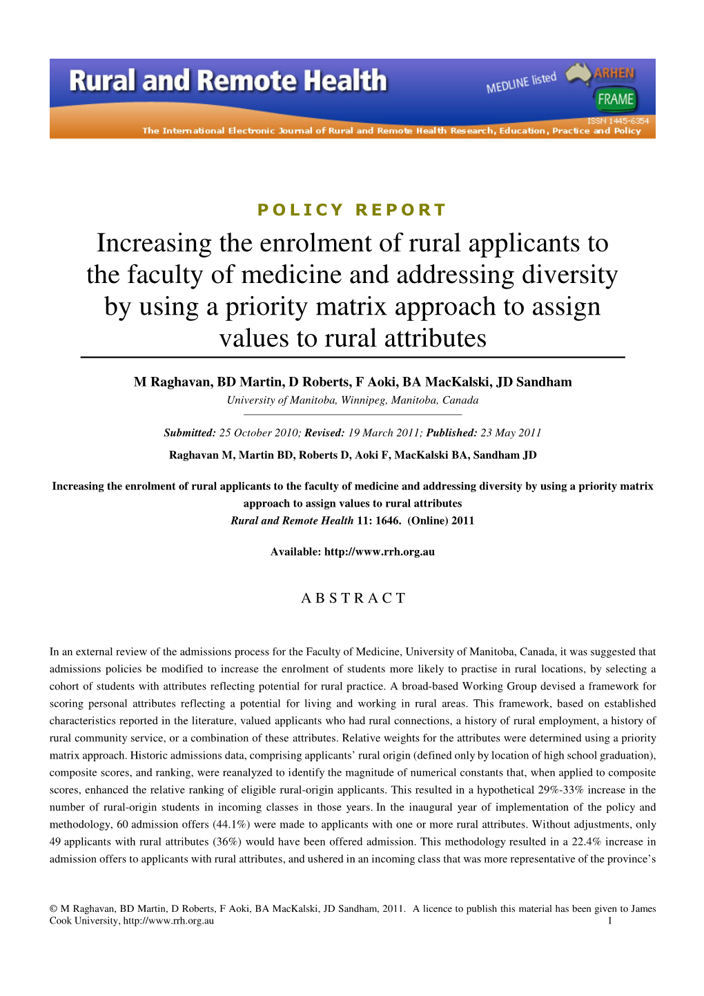 Increasing the Enrolment of Rural Applicants to the Faculty of Medicine