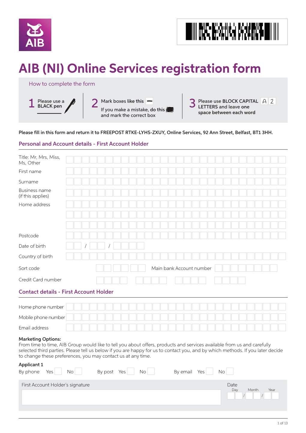AIB (NI) Online Services Registration Form