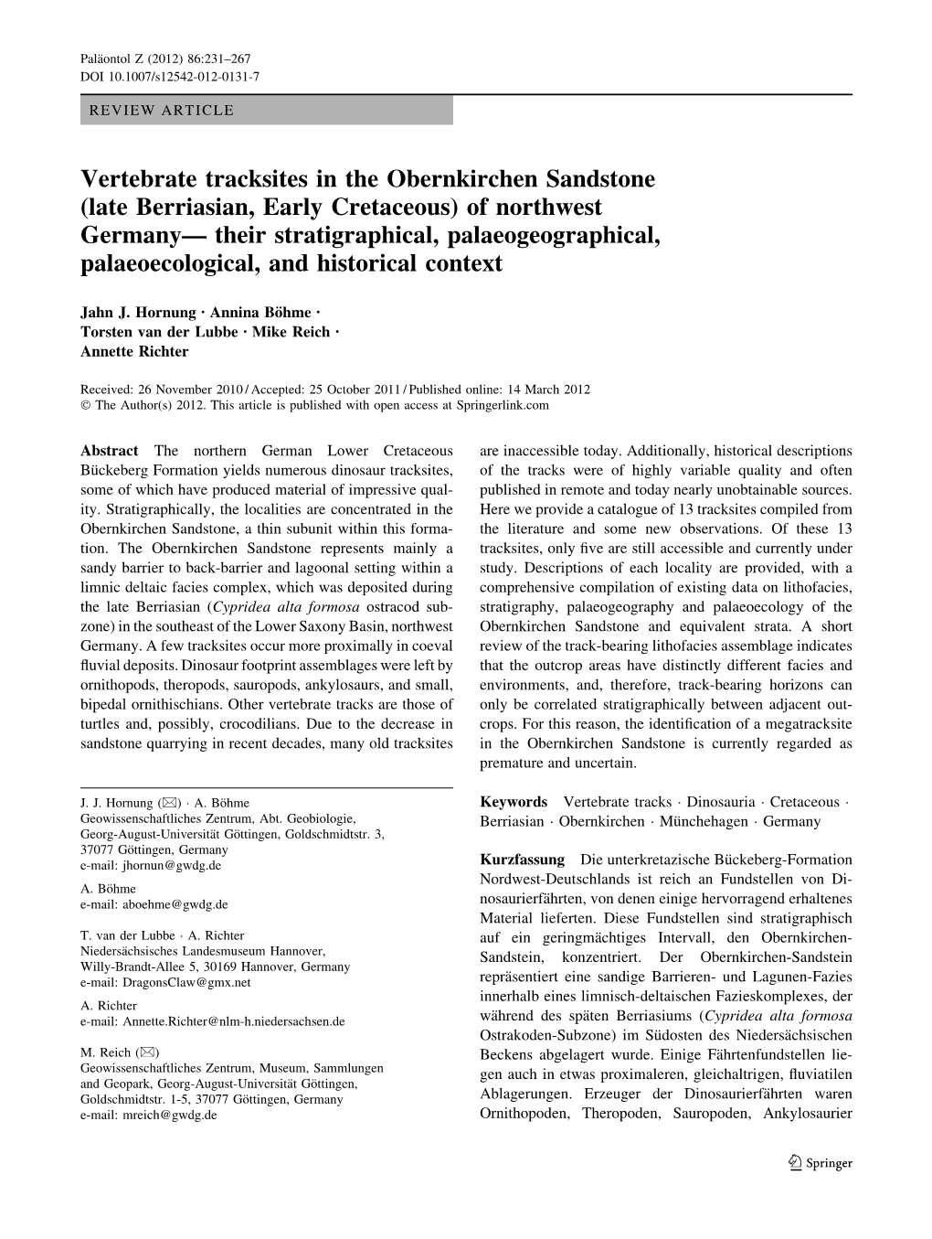 Vertebrate Tracksites in the Obernkirchen Sandstone (Late Berriasian, Early Cretaceous) of Northwest Germany— Their Stratigrap