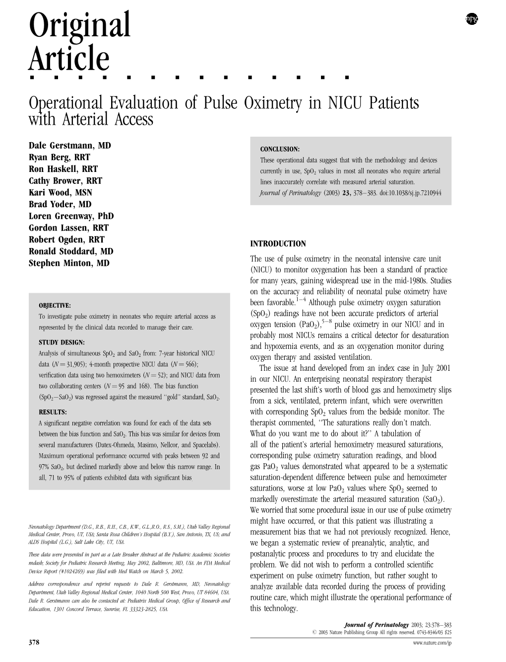 Operational Evaluation of Pulse Oximetry in NICU Patients with Arterial Access