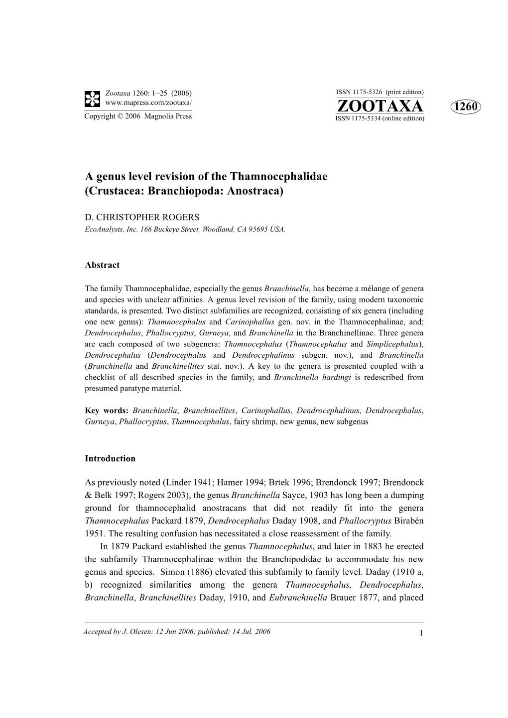 Zootaxa: a Genus Level Revision of the Thamnocephalidae (Crustacea