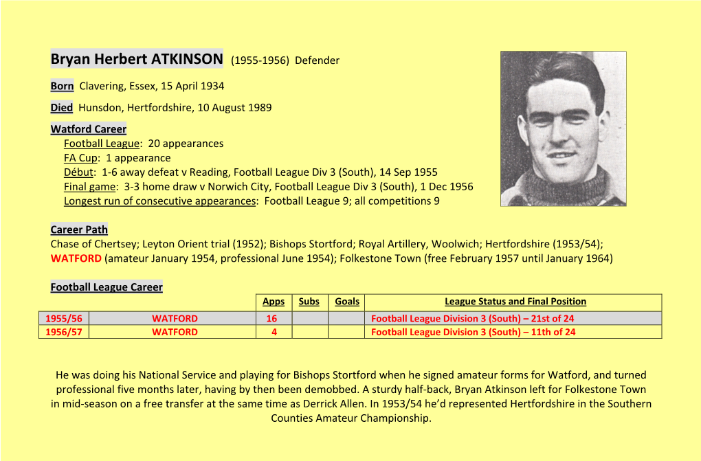 Bryan Herbert ATKINSON (1955-1956) Defender