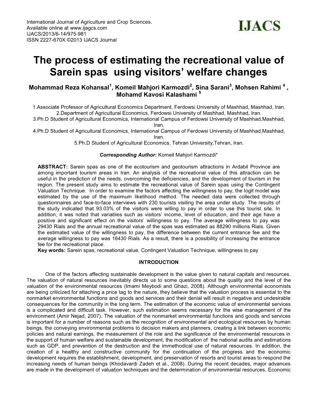 The Process of Estimating the Recreational Value of Sarein Spas Using Visitors’ Welfare Changes