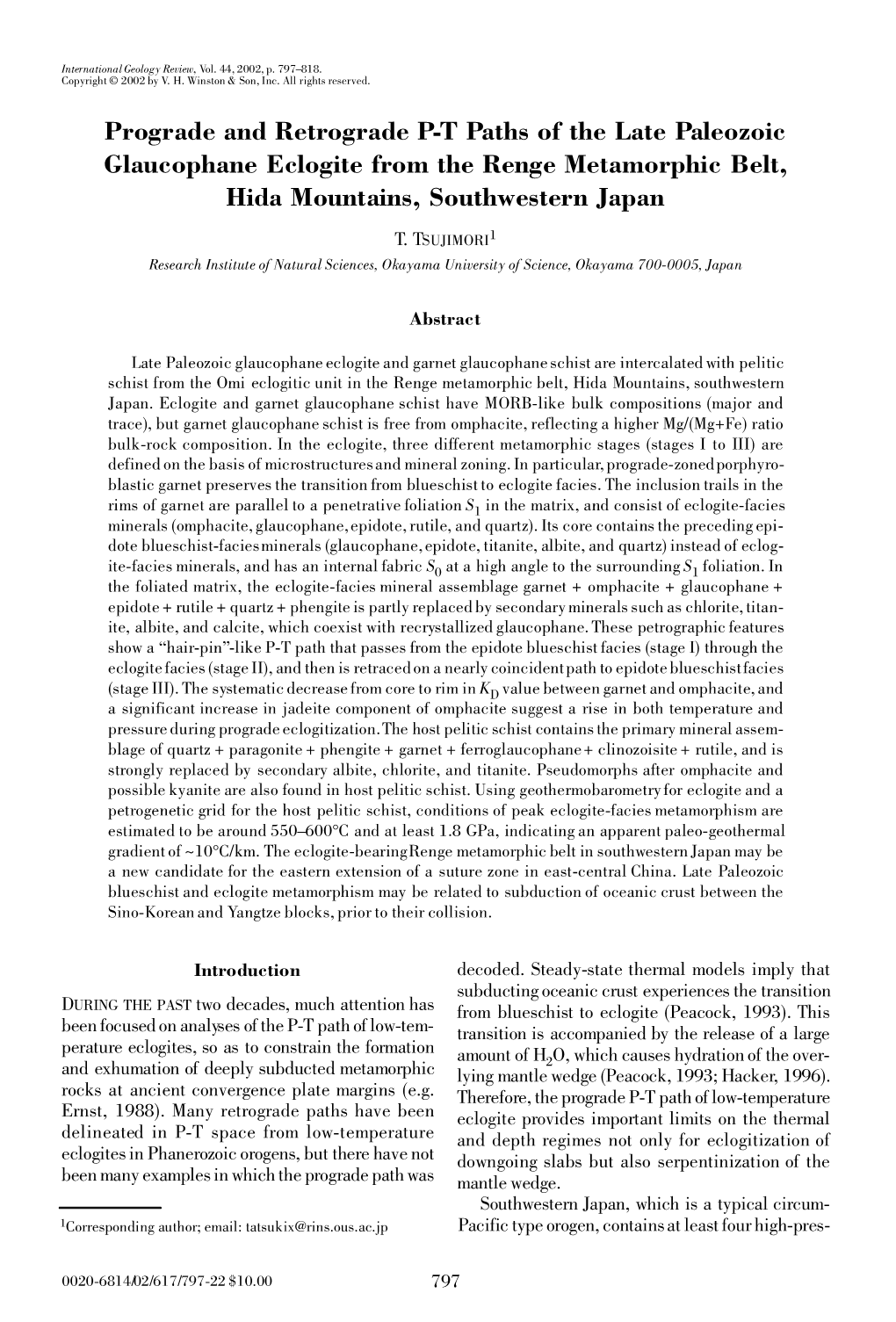 Prograde and Retrograde P-T Paths of the Late Paleozoic Glaucophane Eclogite from the Renge Metamorphic Belt, Hida Mountains, Southwestern Japan