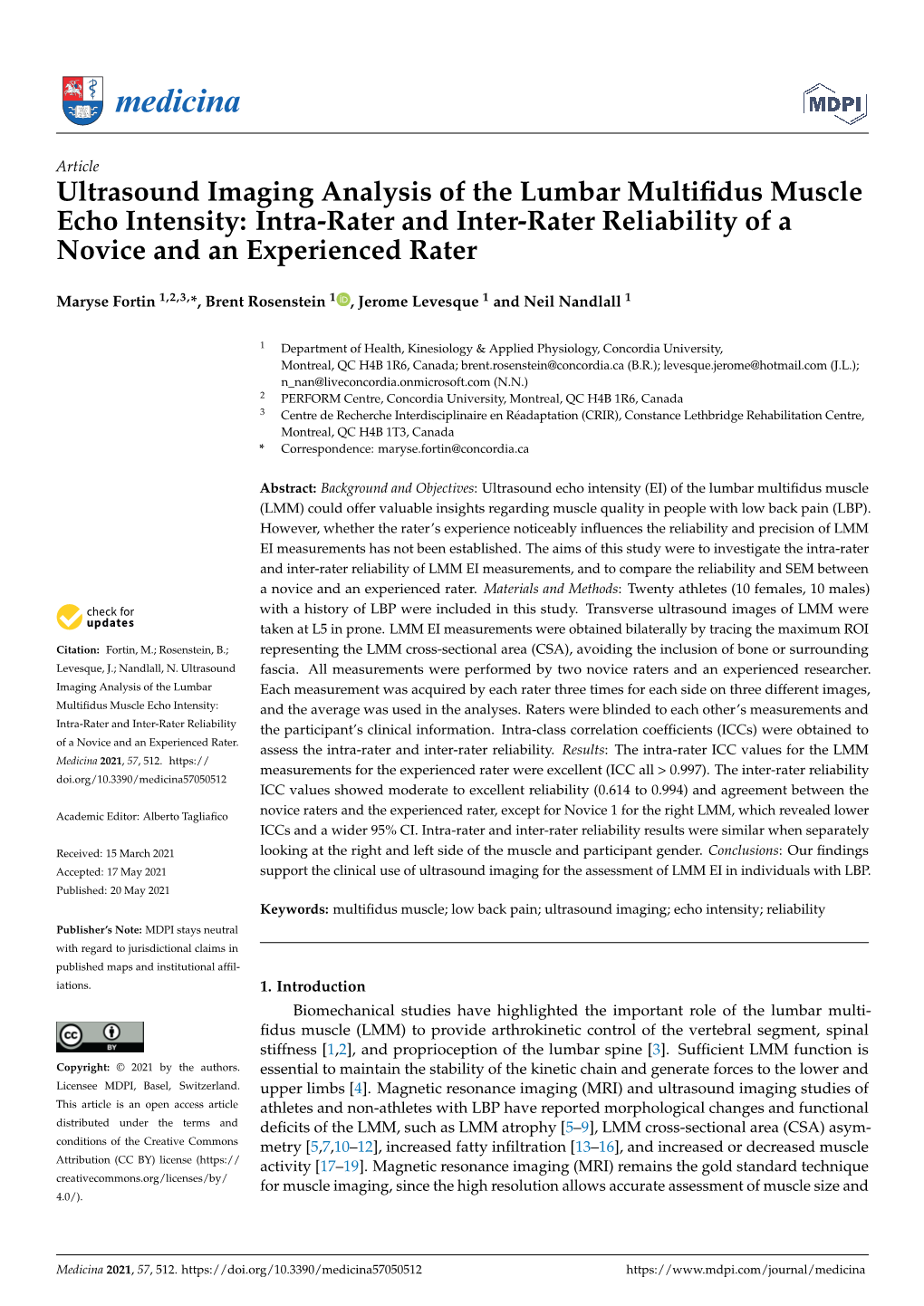 Ultrasound Imaging Analysis of the Lumbar Multifidus Muscle Echo Intensity