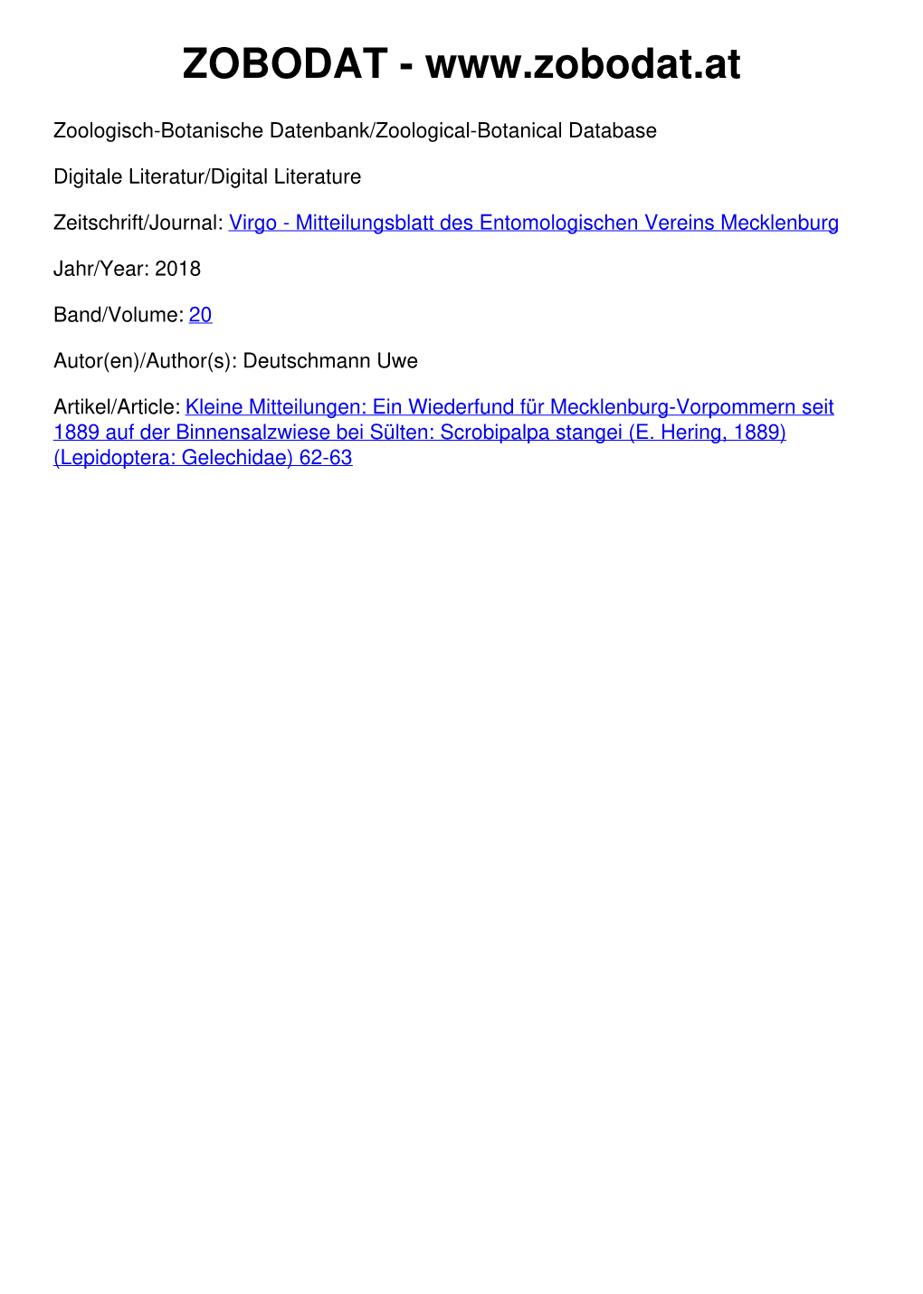 Kleine Mitteilungen: Ein Wiederfund Für Mecklenburg-Vorpommern Seit 1889 Auf Der Binnensalzwiese Bei Sülten: Scrobipalpa Stangei (E