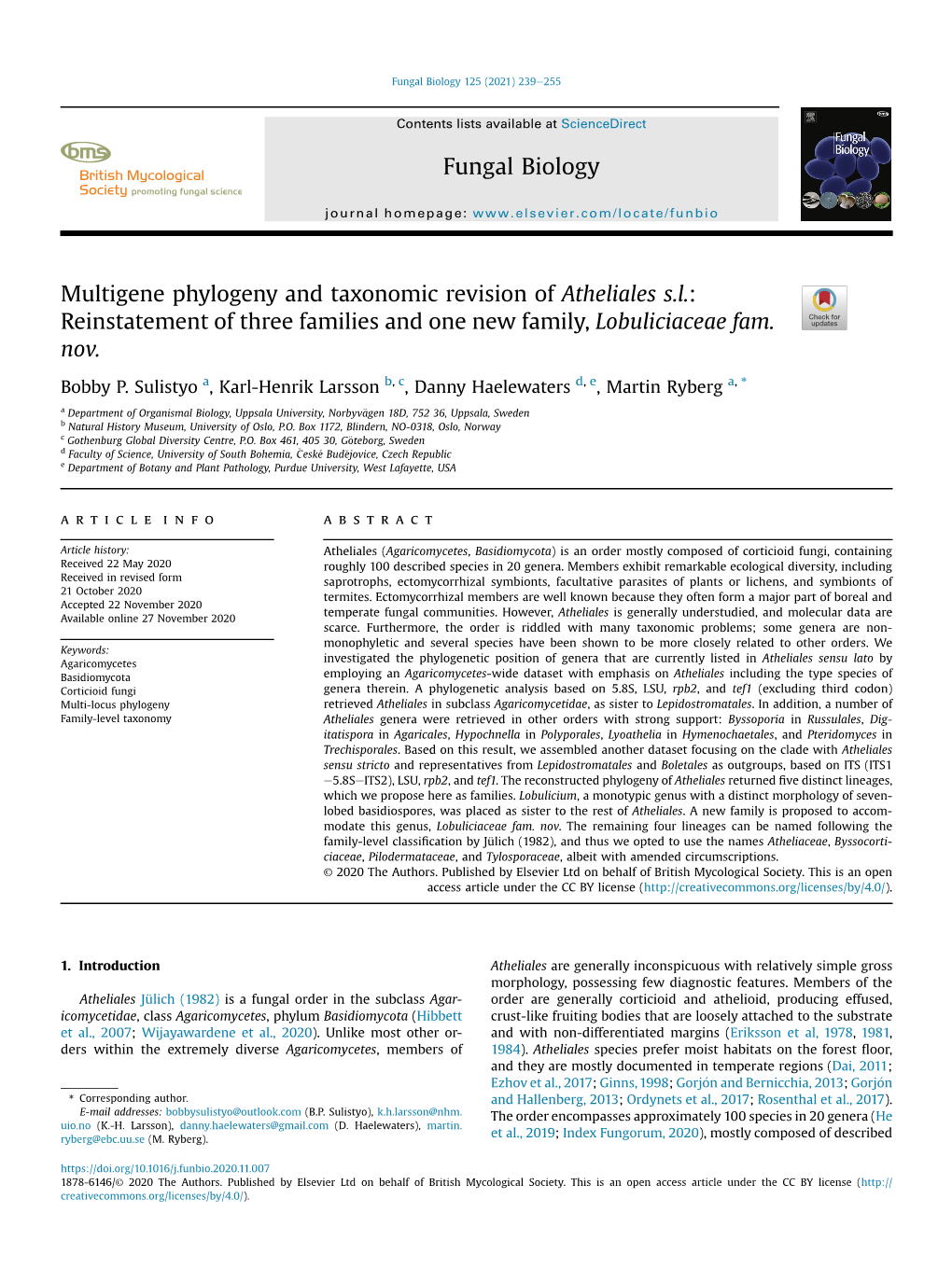 Multigene Phylogeny and Taxonomic Revision of Atheliales Sl