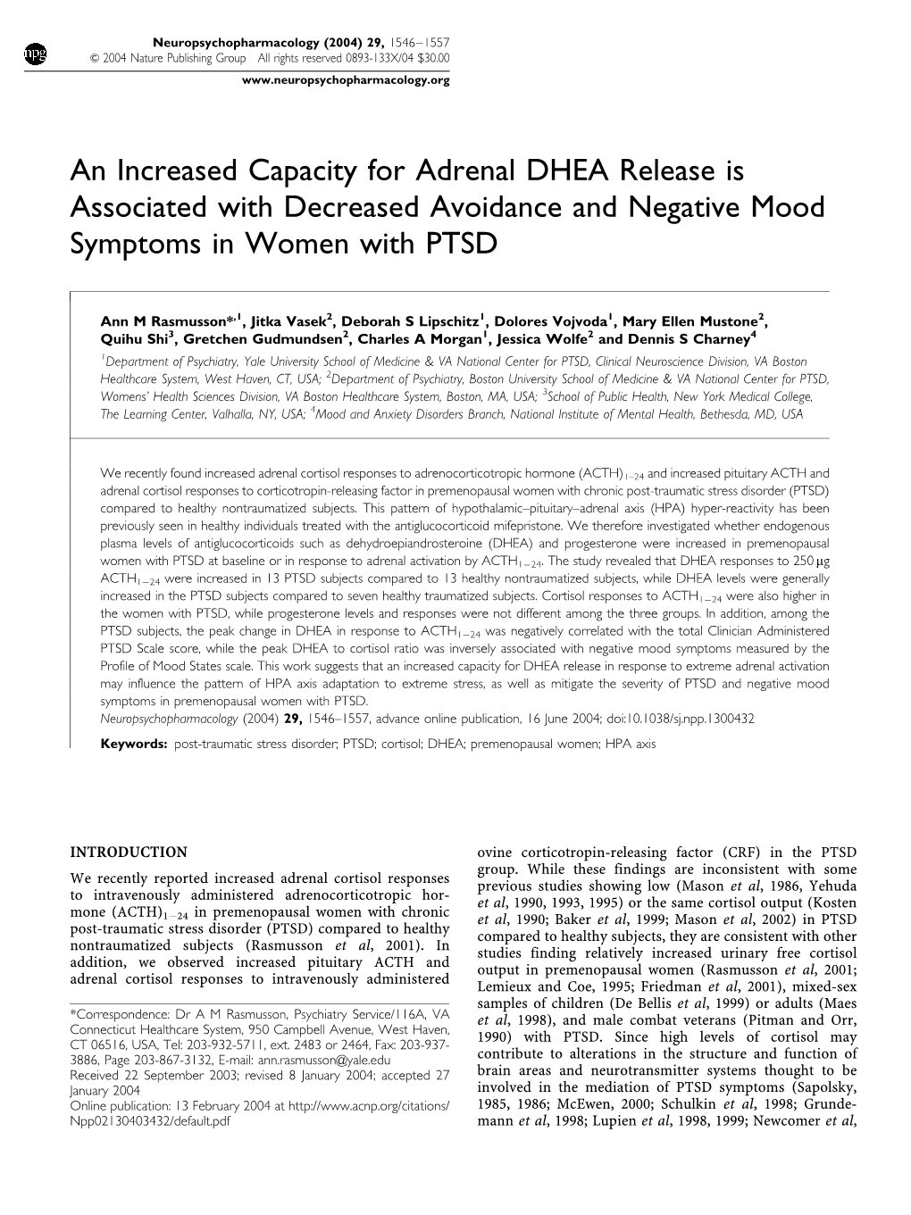 An Increased Capacity for Adrenal DHEA Release Is Associated with Decreased Avoidance and Negative Mood Symptoms in Women with PTSD